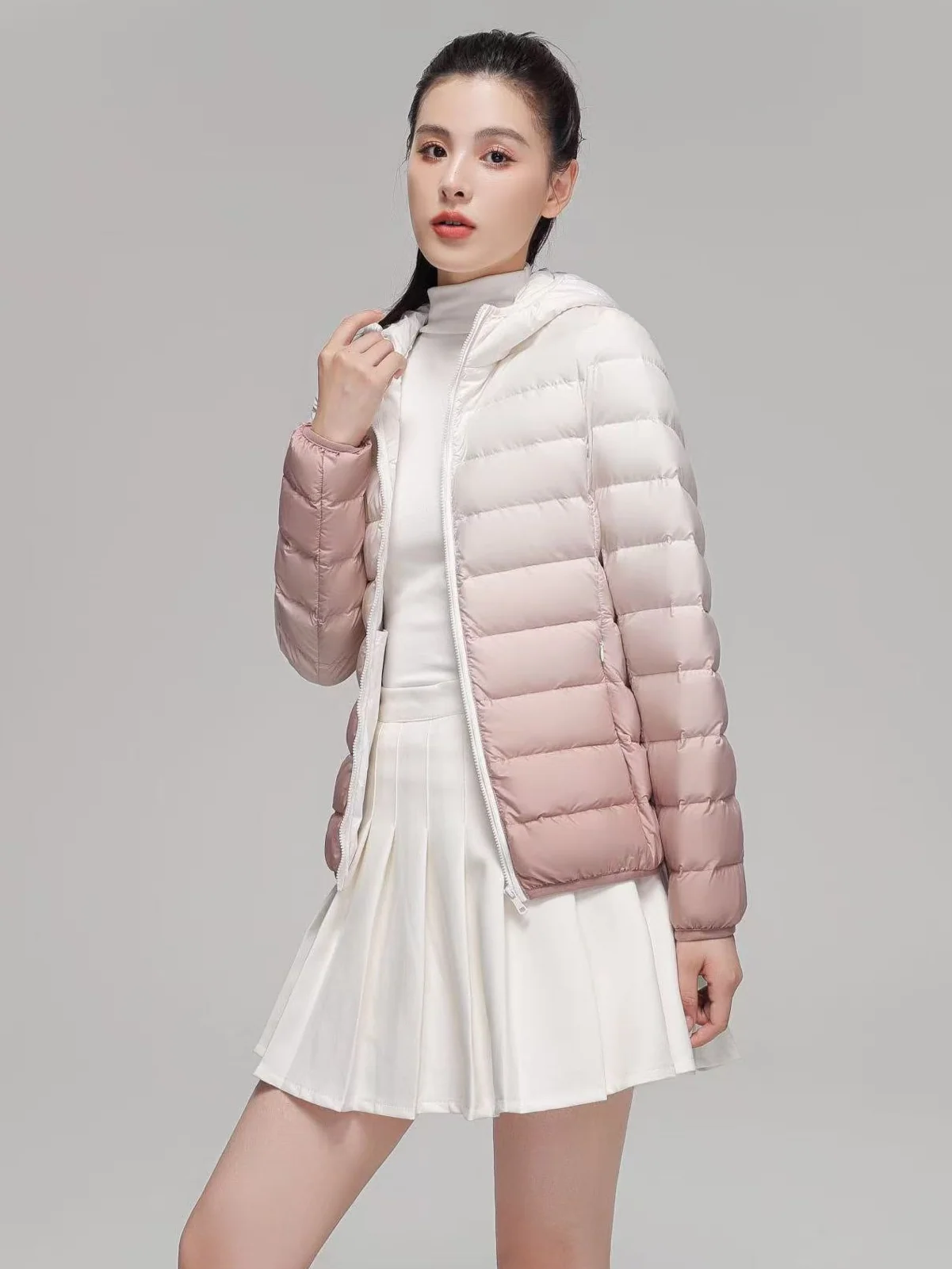 Women Short Hooded Stand‑Collar Color Gradient Fashion Lightweight Down Jacket