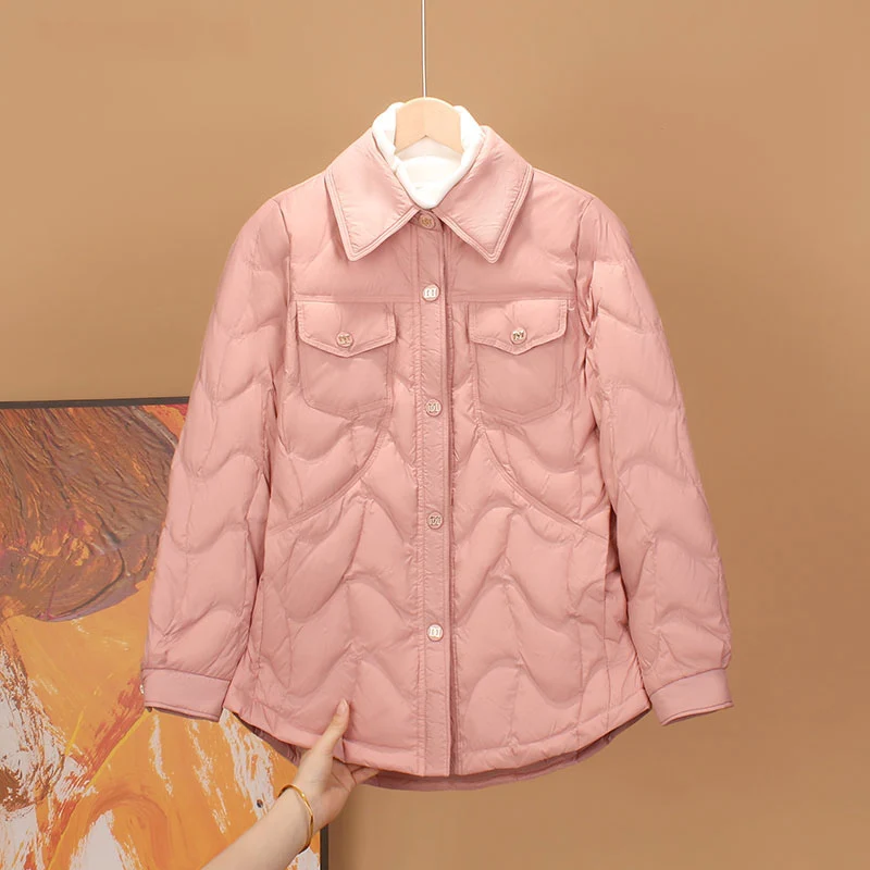 Women Lightweight Quilted Shirt‑Style Down Jacket Lapel Collar Button‑Up Winter Coat Khaki