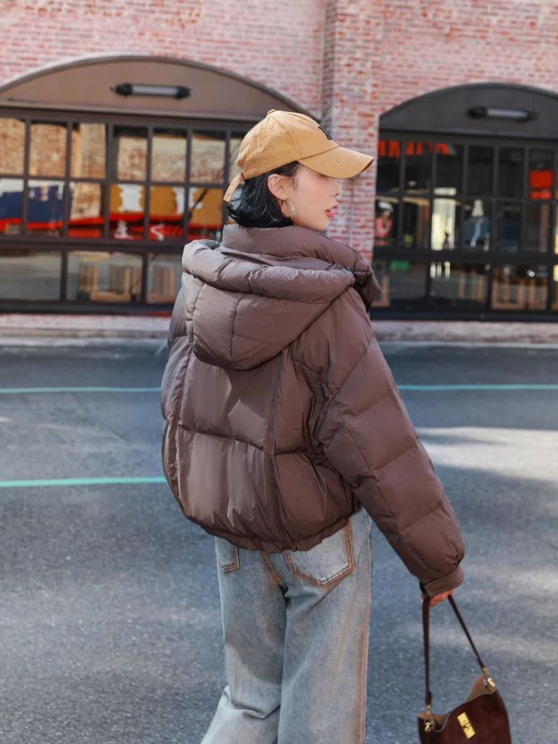 Ladies Trendy Cropped Hooded Puffer Jacket Drawstring Hem Loose Streetwear Winter Outerwear
