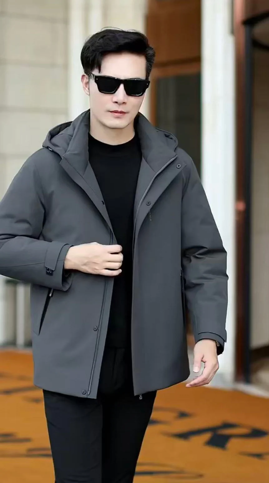 Men Business‑Casual Hooded Puffer Jacket Full Zip Wind Resistant Short Winter Outerwear