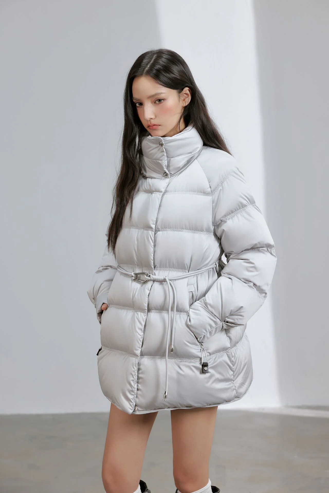 Women Stand Collar Waist‑Tie Duck Down Coat Belted Cinched Waist Puffer Jacket Mid Length Winter Outerwear