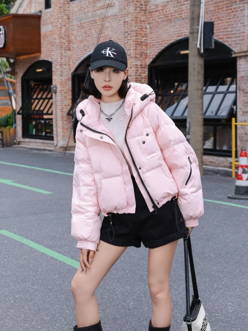 Ladies Boxy Cropped Hooded Puffer Jacket Drawstring Hem Loose Fit Casual Winter Outerwear