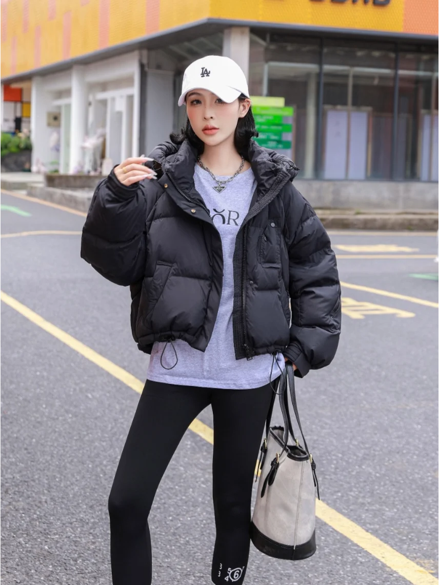 Ladies Trendy Cropped Hooded Puffer Jacket Drawstring Hem Loose Streetwear Winter Outerwear