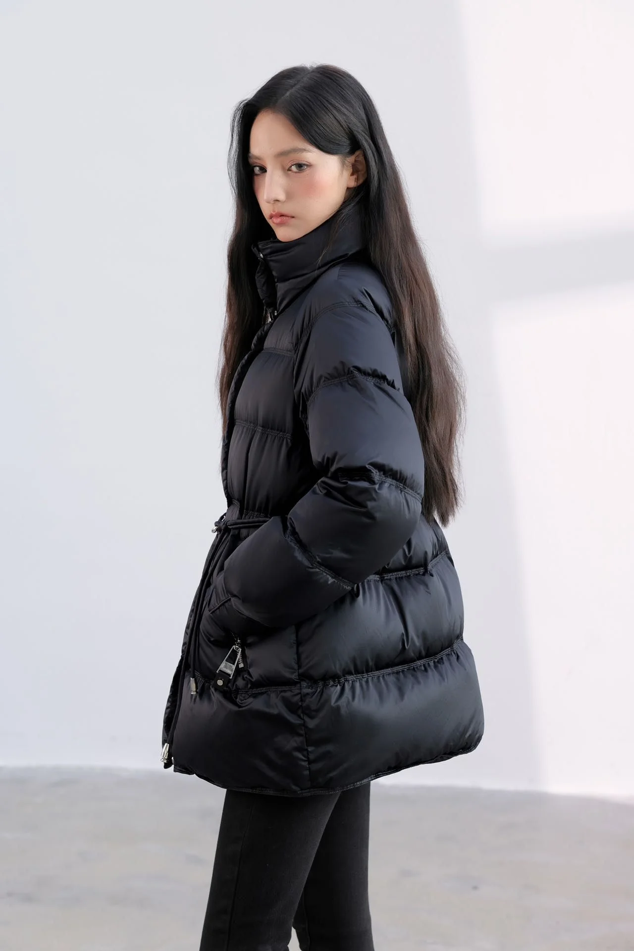 Women Stand Collar Waist‑Tie Duck Down Coat Belted Cinched Waist Puffer Jacket Mid Length Winter Outerwear