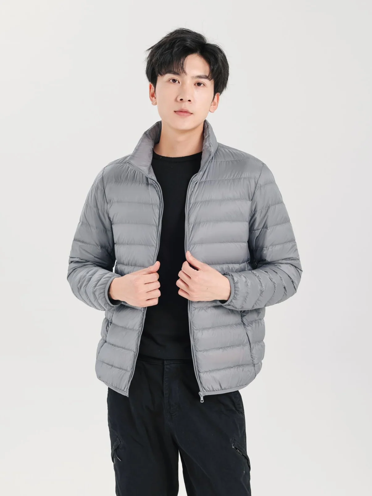 Men Casual Packable Light Puffer Jacket Stand‑Collar Zip‑Up Navy Blue Winter Outerwear