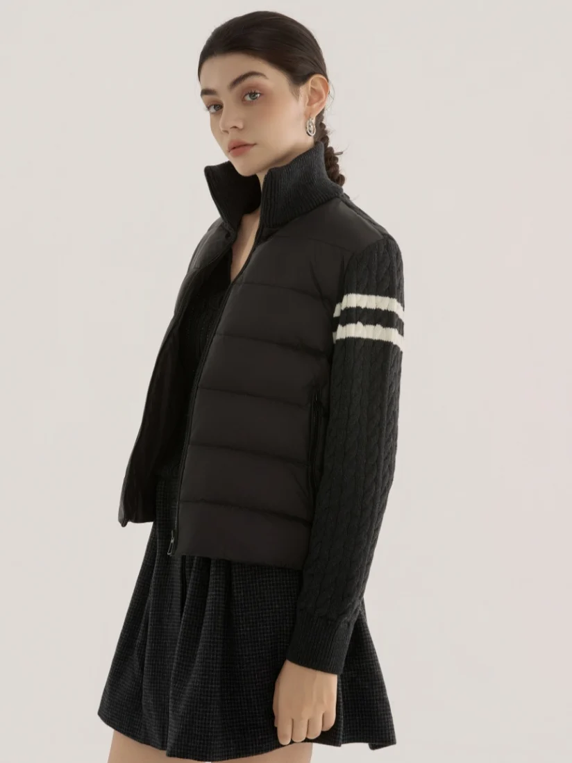 Women Grey Knit‑Sleeve Mixed Stand‑Collar Cropped Down Jacket Zip‑Up Preppy Style Winter Coat