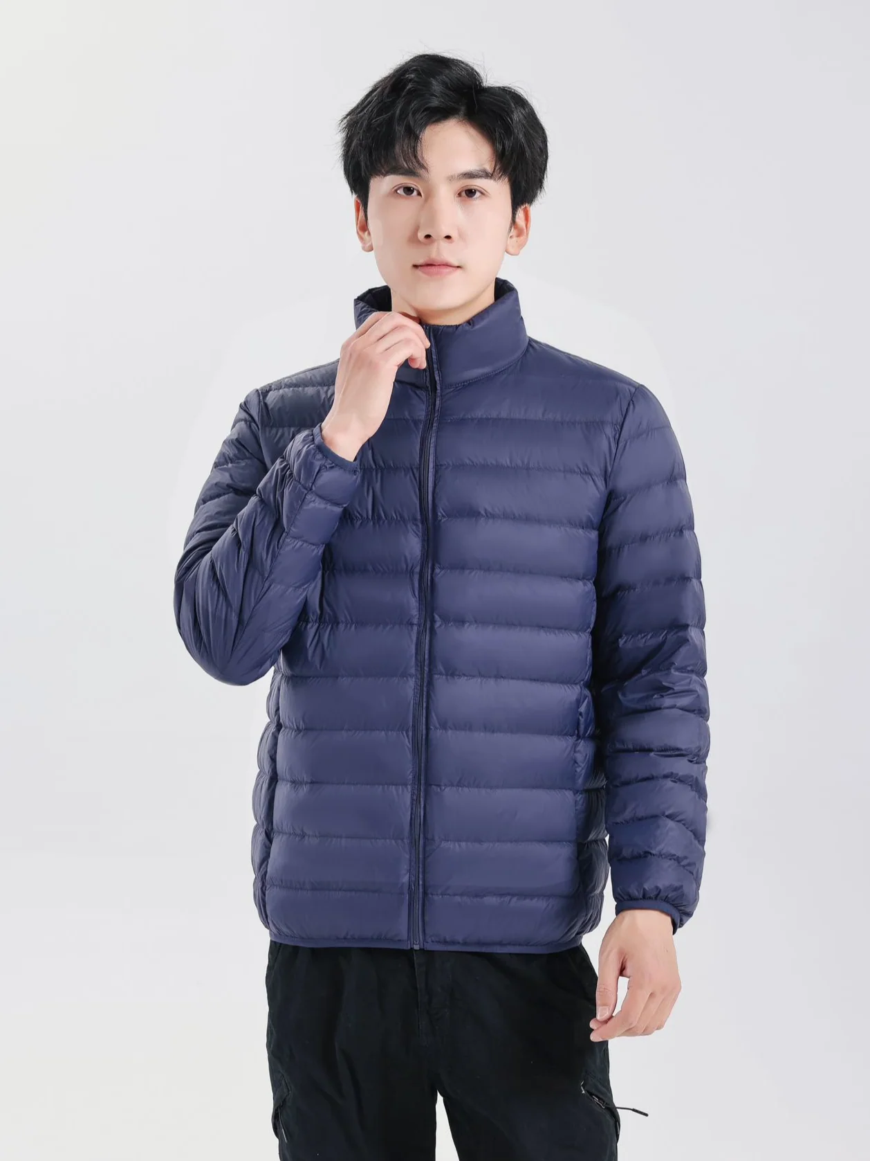 Men Casual Packable Light Puffer Jacket Stand‑Collar Zip‑Up Navy Blue Winter Outerwear