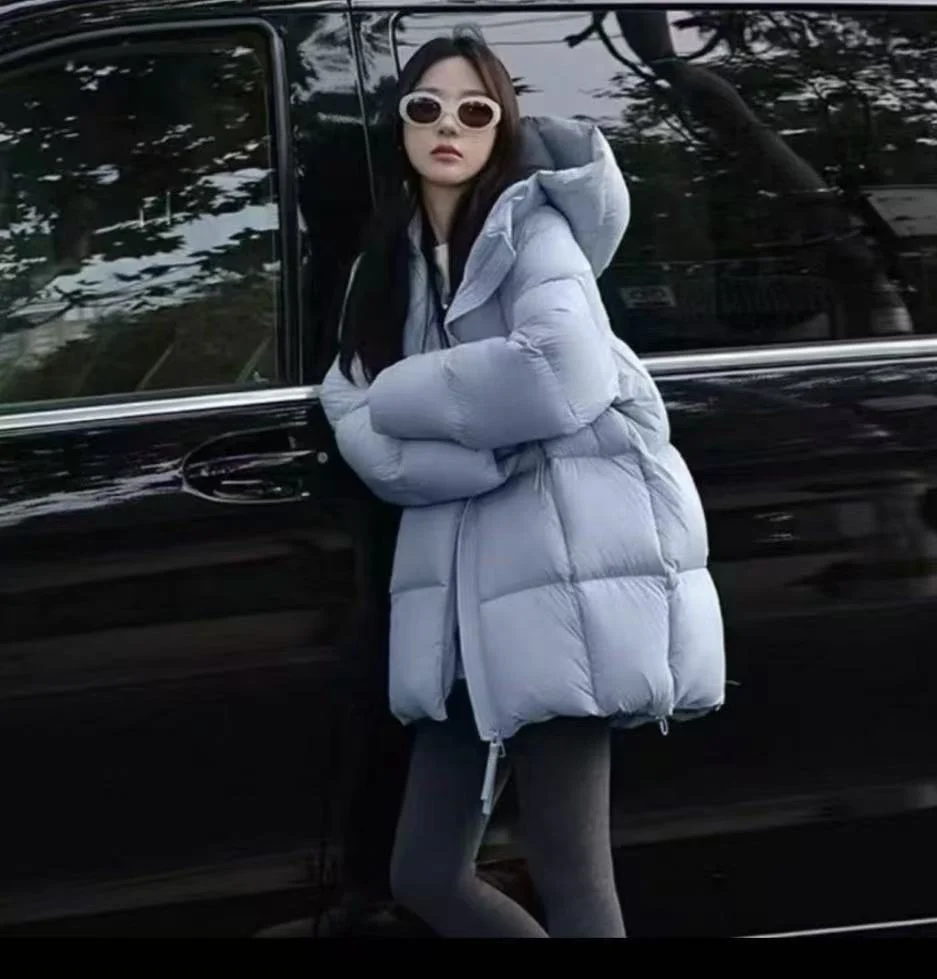 Women Loose Mid-Length Hooded Quilted Puffer Down Jacket, Zip Up Warm Casual Winter Coat