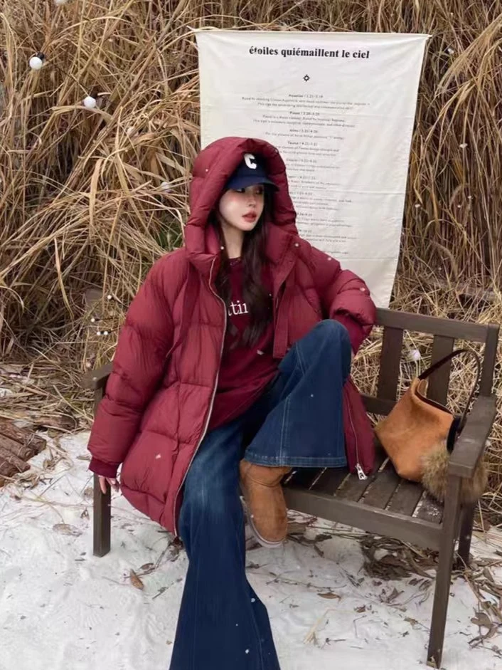 Women Oversized Hooded Duck Down Puffer Jacket Mid‑Length Zip‑Up Loose Winter Down Coat With Big Pockets