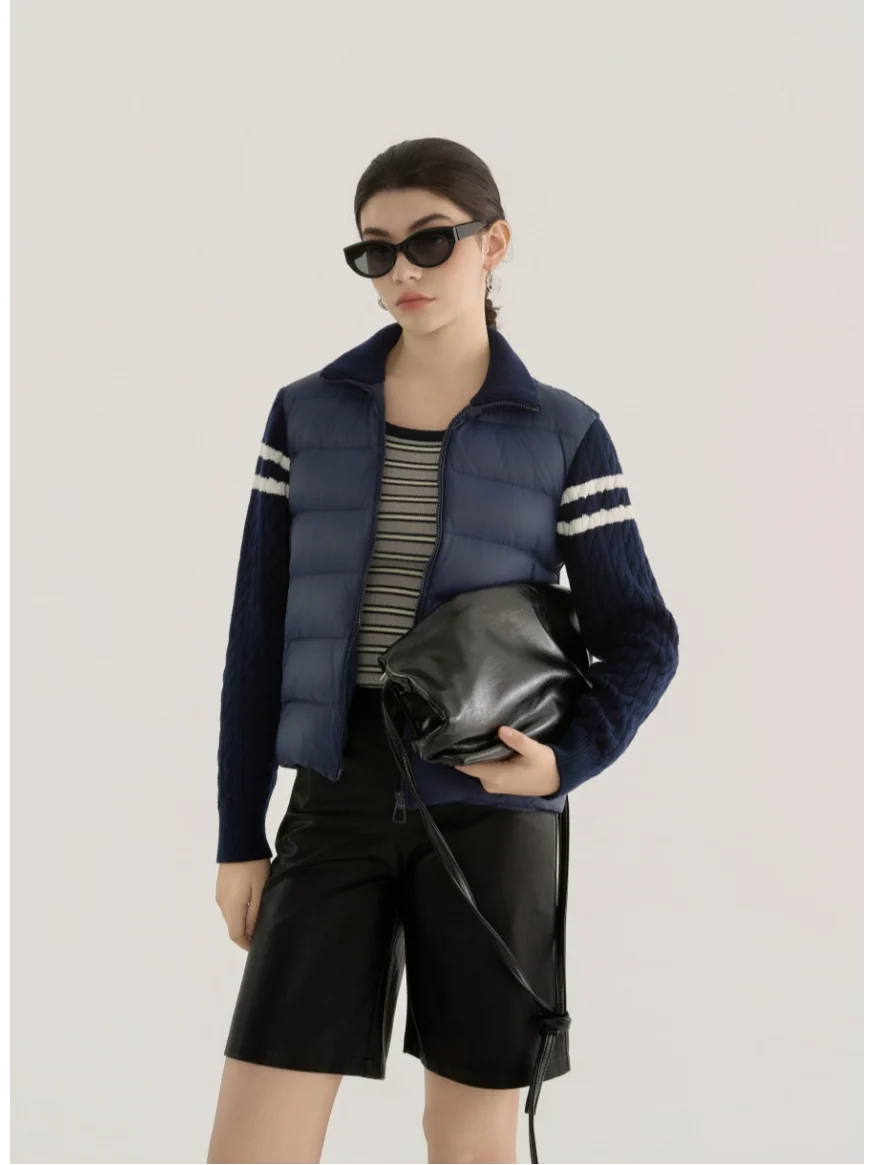 Women Grey Knit‑Sleeve Mixed Stand‑Collar Cropped Down Jacket Zip‑Up Preppy Style Winter Coat