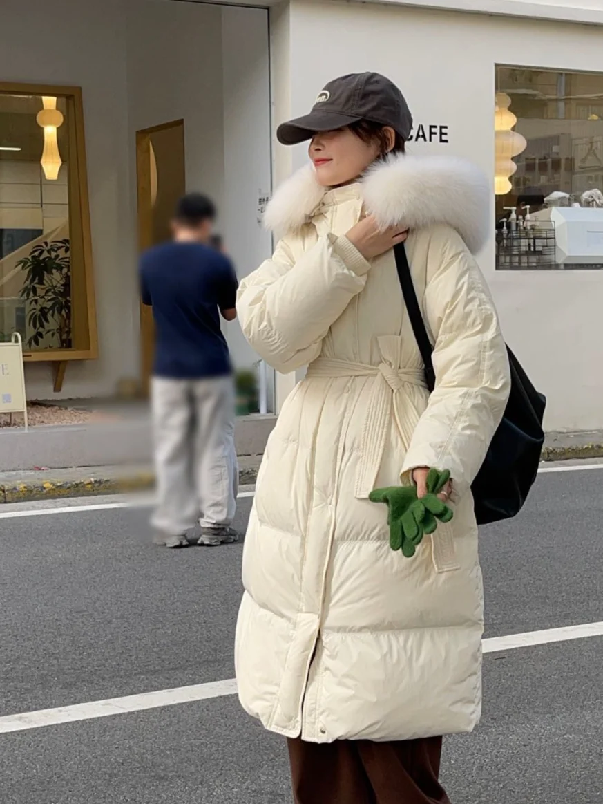 Women Long Hooded Down Coat With Big Real Fur Collar, Belted Waist Slim Fit Puffer Jacket Winter Outerwear