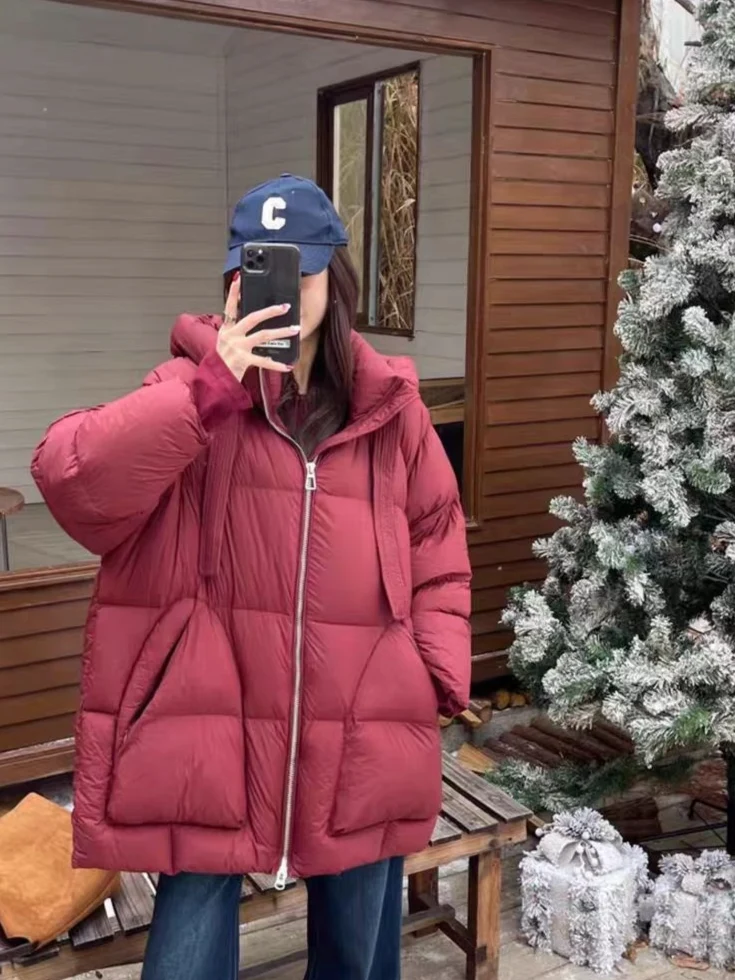 Women Oversized Hooded Duck Down Puffer Jacket Mid‑Length Zip‑Up Loose Winter Down Coat With Big Pockets