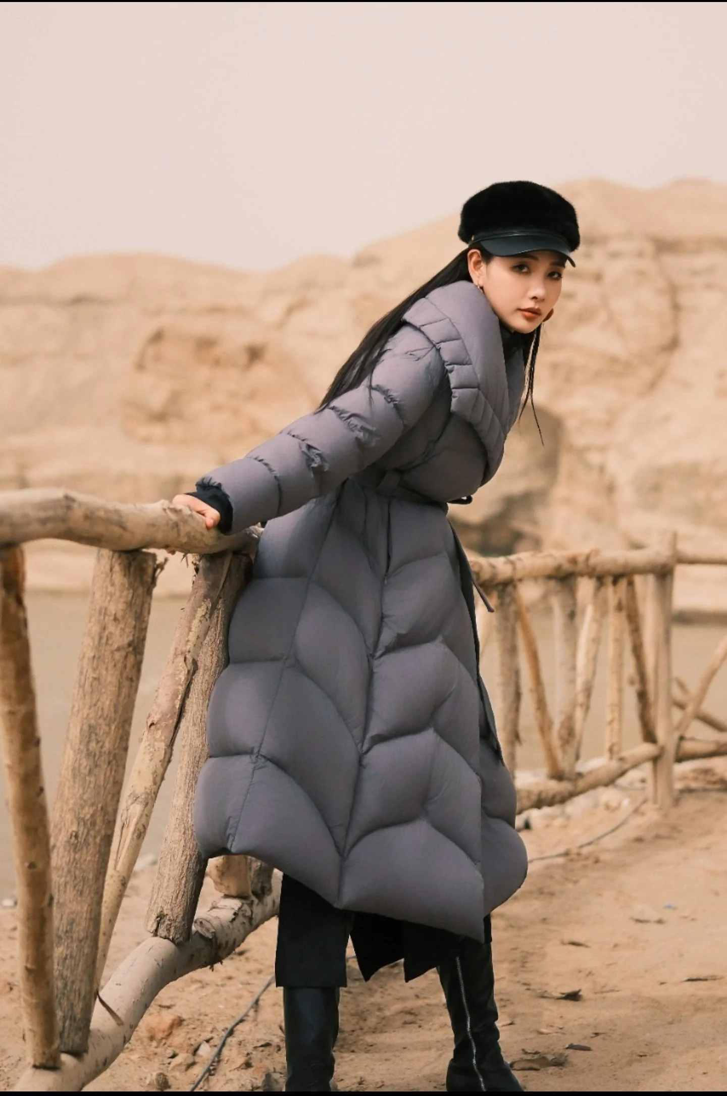 Women Maxi Long Wrap Goose Down Puffer Coat, Oversized Wide Lapel Belted Waist Winter Quilted Jacket