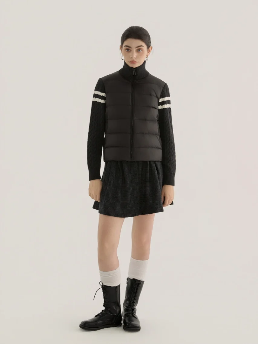 Women Grey Knit‑Sleeve Mixed Stand‑Collar Cropped Down Jacket Zip‑Up Preppy Style Winter Coat