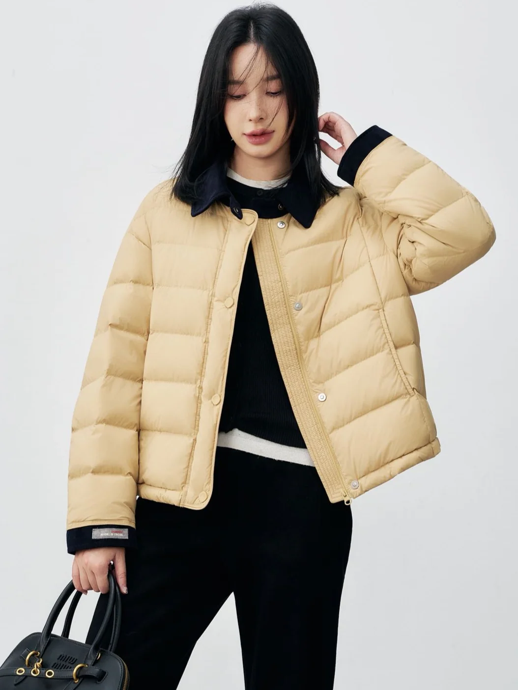 Ladies Retro Corduroy Collar Quilted Puffer Jacket Zip Up Short Winter Outerwear
