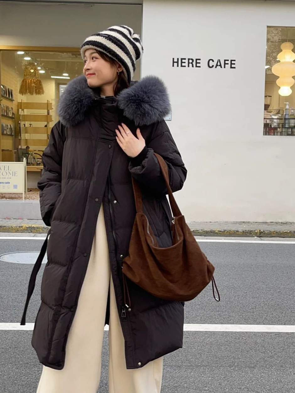 Women Long Hooded Down Coat With Big Real Fur Collar, Belted Waist Slim Fit Puffer Jacket Winter Outerwear