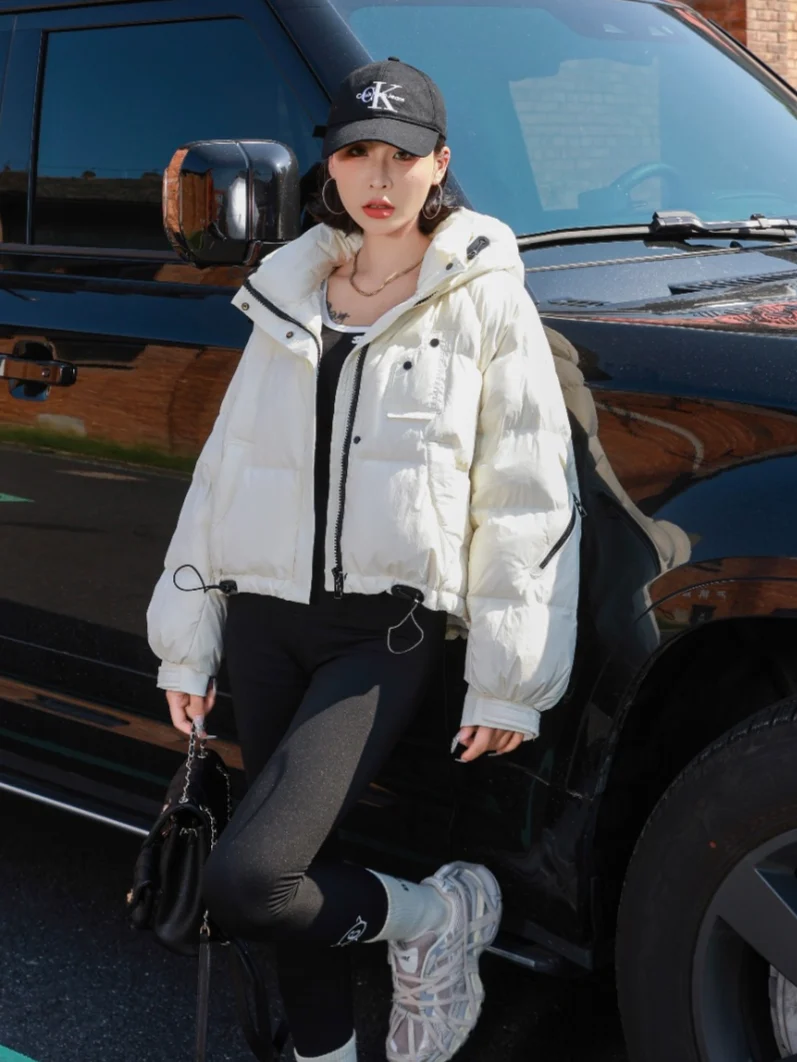 Ladies Boxy Cropped Hooded Puffer Jacket Drawstring Hem Loose Fit Casual Winter Outerwear