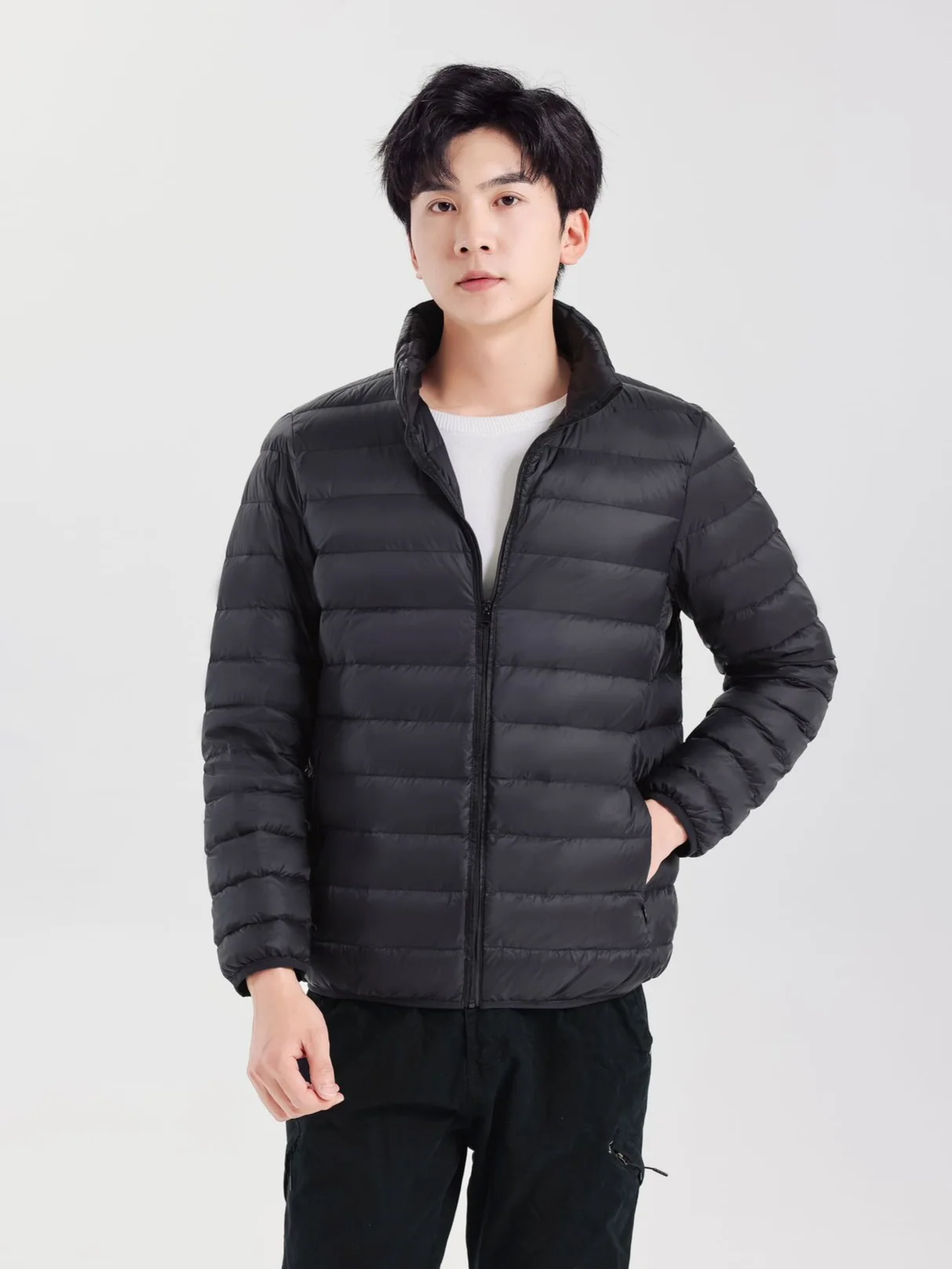 Men Casual Packable Light Puffer Jacket Stand‑Collar Zip‑Up Navy Blue Winter Outerwear