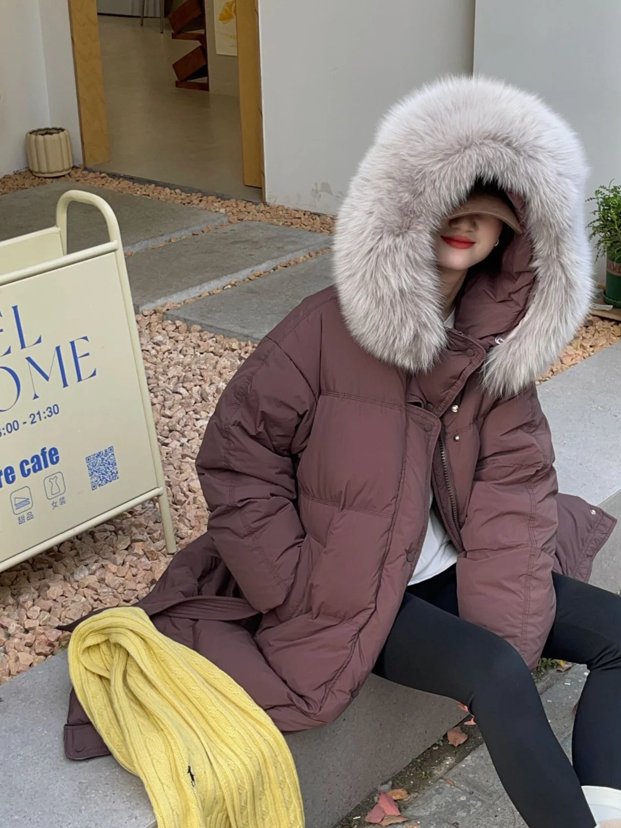 Women Long Hooded Down Coat With Big Real Fur Collar, Belted Waist Slim Fit Puffer Jacket Winter Outerwear