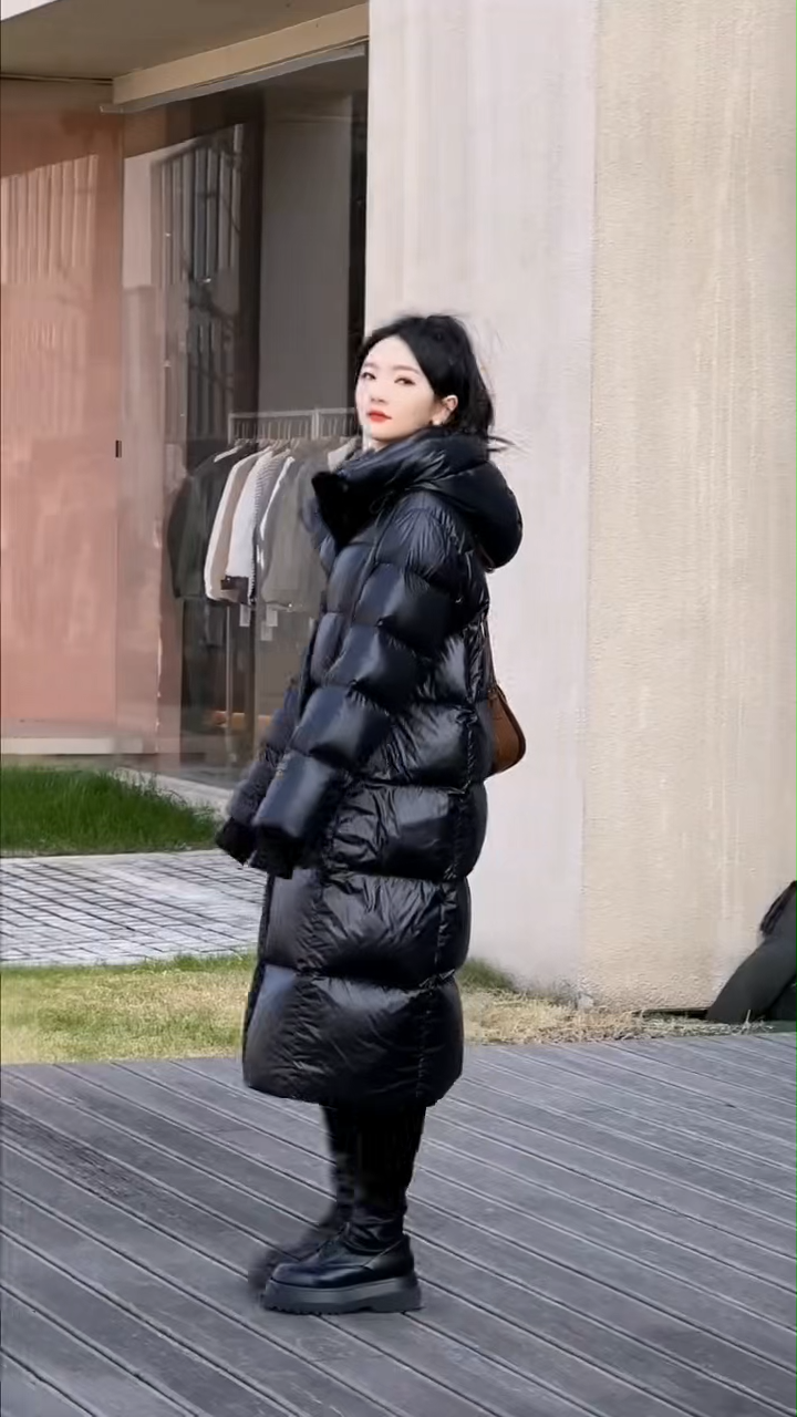 Women's Shiny Black Long Hooded Quilted Puffer Down Jacket, Oversized Warm Winter Coat