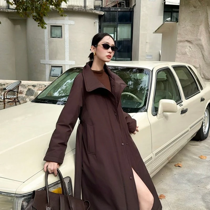 Women Long Stand Collar Down Coat With Belt Korean Loose Windbreaker Style 90 White Duck Down Winter Puffer Jacket