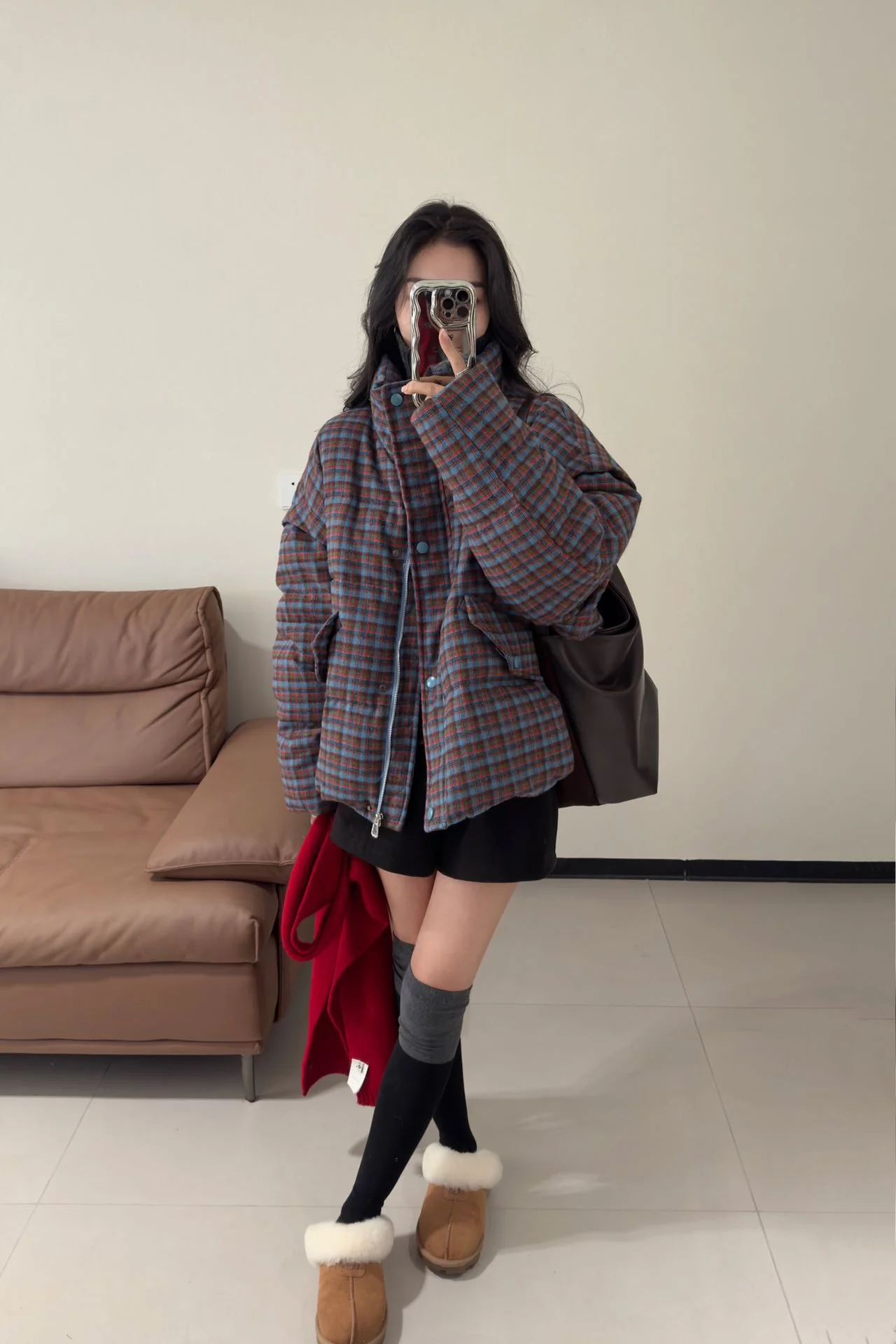Multi‑Color Plaid Women Short Quilted Puffer Coat Lapel Collar Street‑Style Warm Jacket