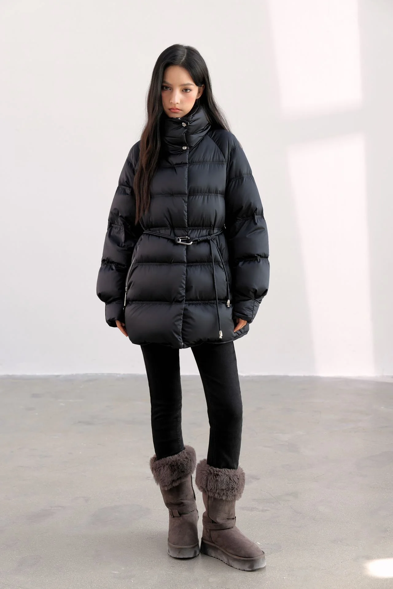 Women Stand Collar Waist‑Tie Duck Down Coat Belted Cinched Waist Puffer Jacket Mid Length Winter Outerwear