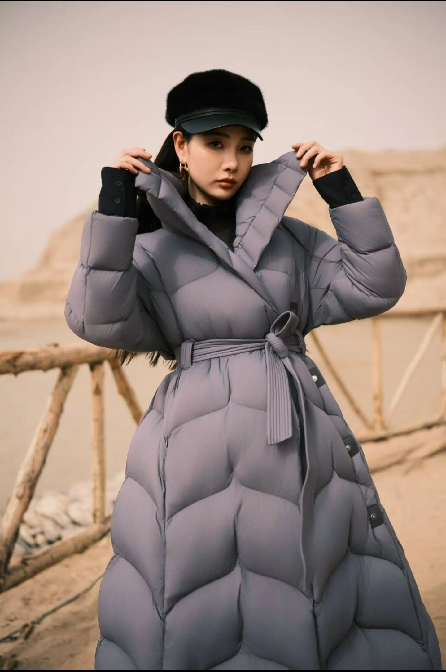 Women Maxi Long Wrap Goose Down Puffer Coat, Oversized Wide Lapel Belted Waist Winter Quilted Jacket