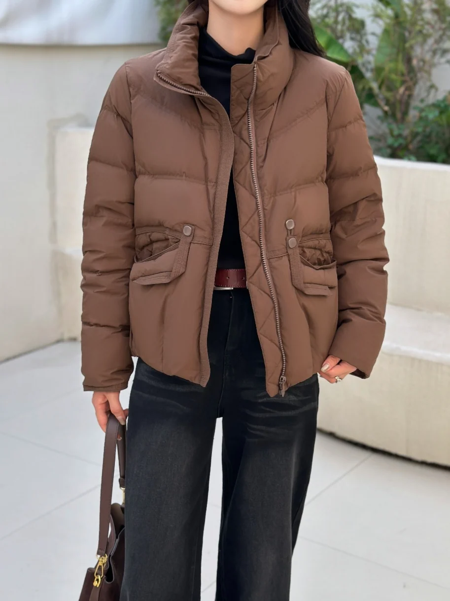 Ladies Utility‑Style Short Puffer Jacket Stand‑Neck Button‑Decorated Big Pockets City Outerwear