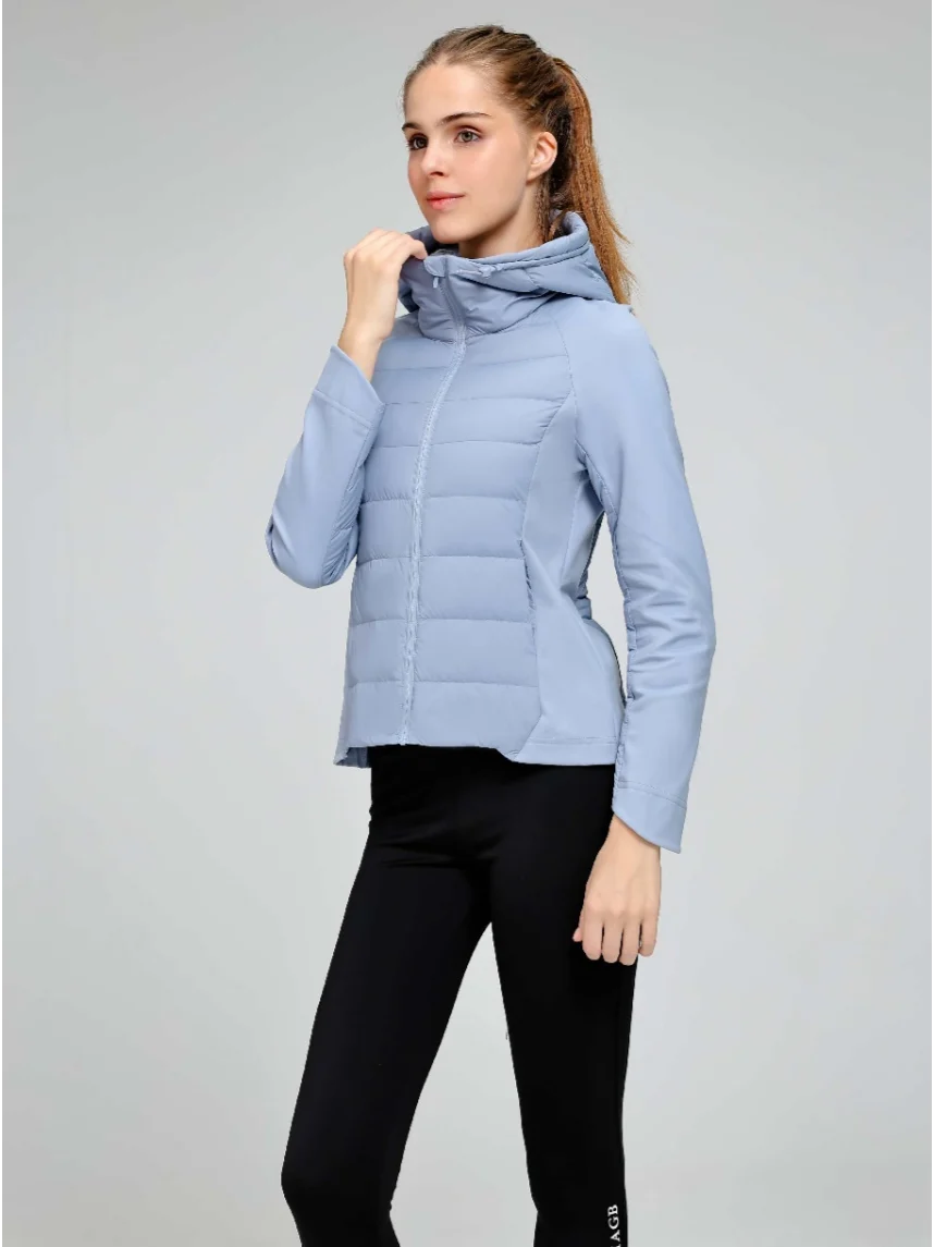 Women Slim Fit Hybrid 95% Goose Down Jacket, Stretch Spliced Hooded Lightweight Down Puffer Coat