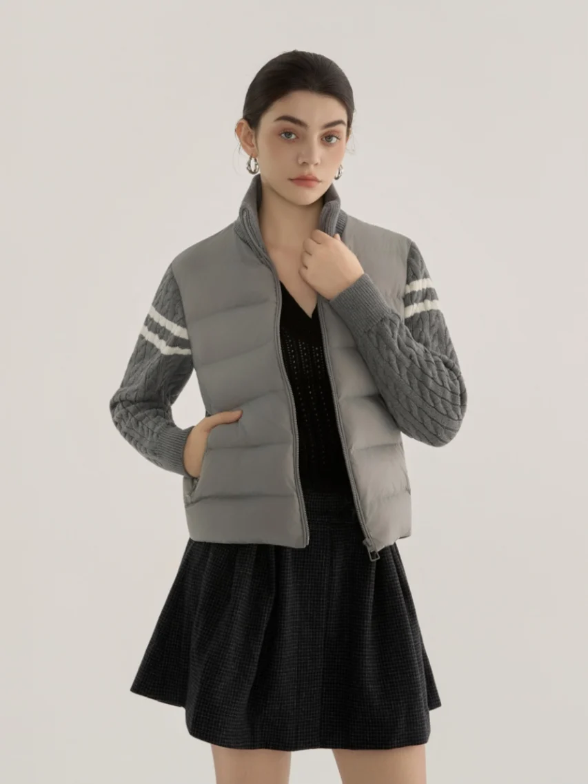 Women Grey Knit‑Sleeve Mixed Stand‑Collar Cropped Down Jacket Zip‑Up Preppy Style Winter Coat