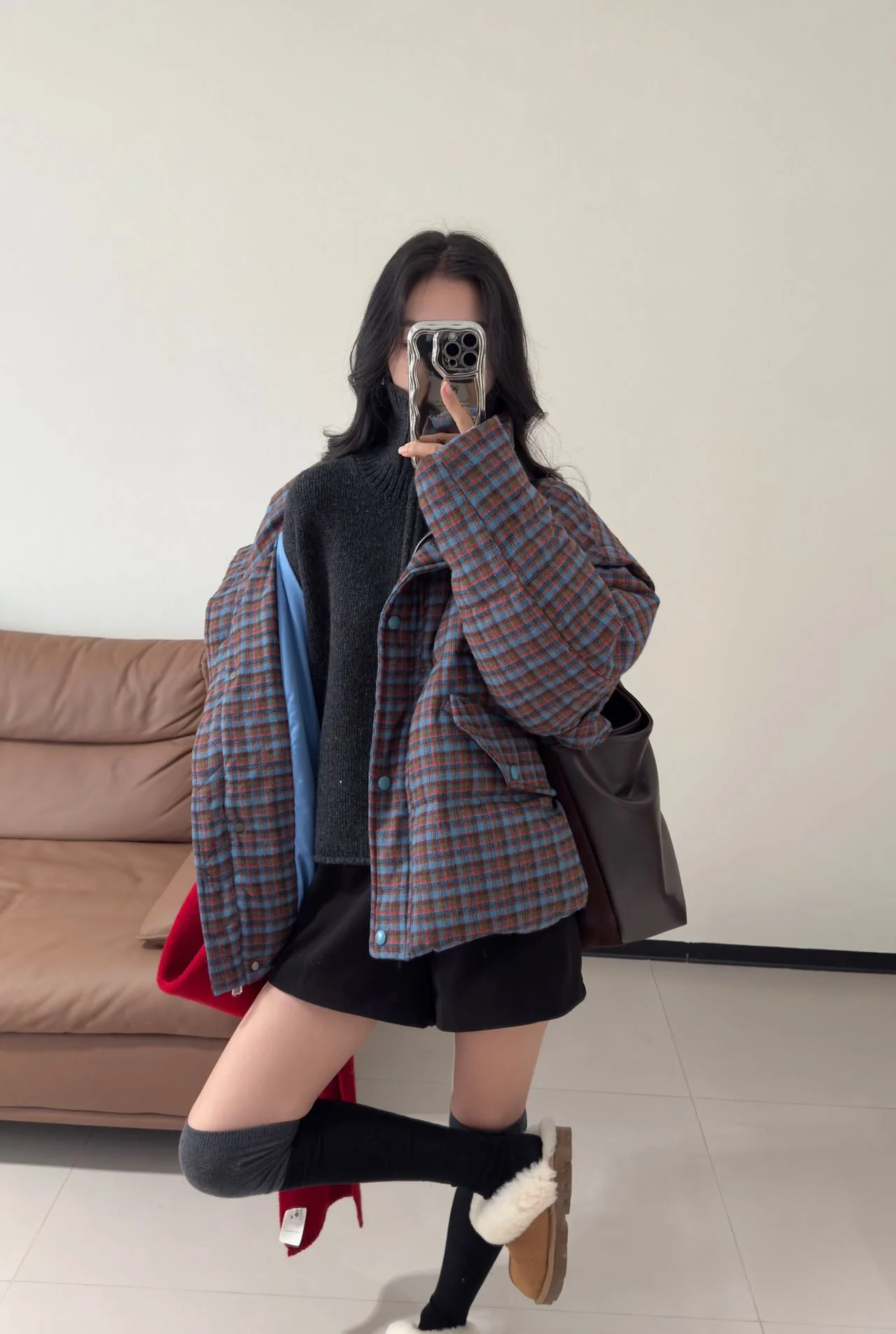 Multi‑Color Plaid Women Short Quilted Puffer Coat Lapel Collar Street‑Style Warm Jacket
