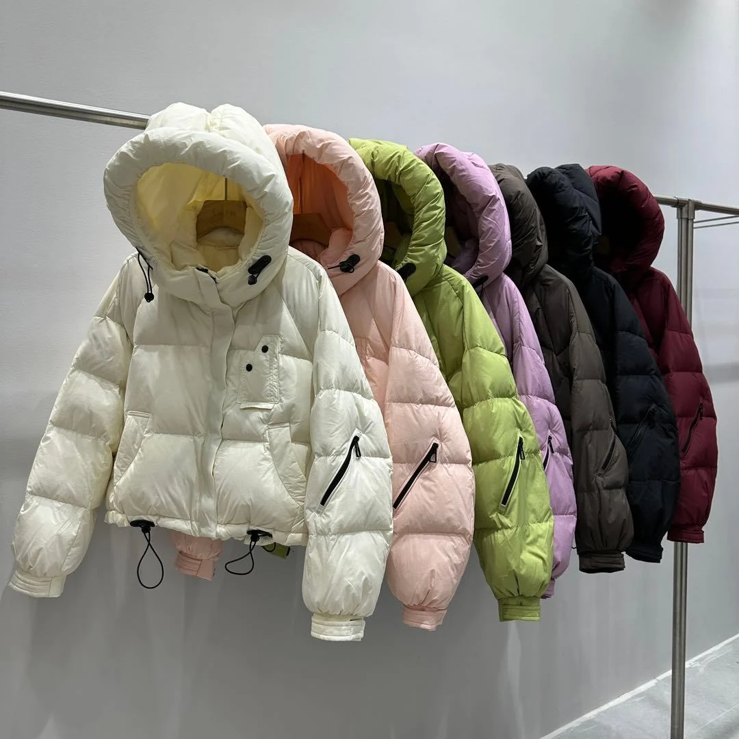 Ladies Trendy Cropped Hooded Puffer Jacket Drawstring Hem Loose Streetwear Winter Outerwear