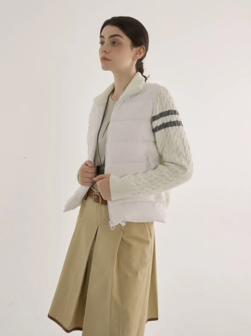 Women Grey Knit‑Sleeve Mixed Stand‑Collar Cropped Down Jacket Zip‑Up Preppy Style Winter Coat