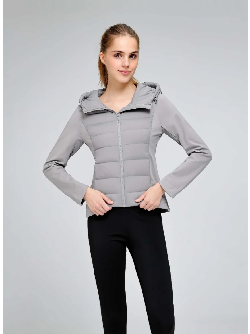 Women Slim Fit Hybrid 95% Goose Down Jacket, Stretch Spliced Hooded Lightweight Down Puffer Coat