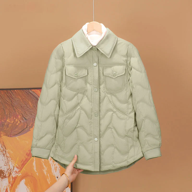 Women Lightweight Quilted Shirt‑Style Down Jacket Lapel Collar Button‑Up Winter Coat Khaki