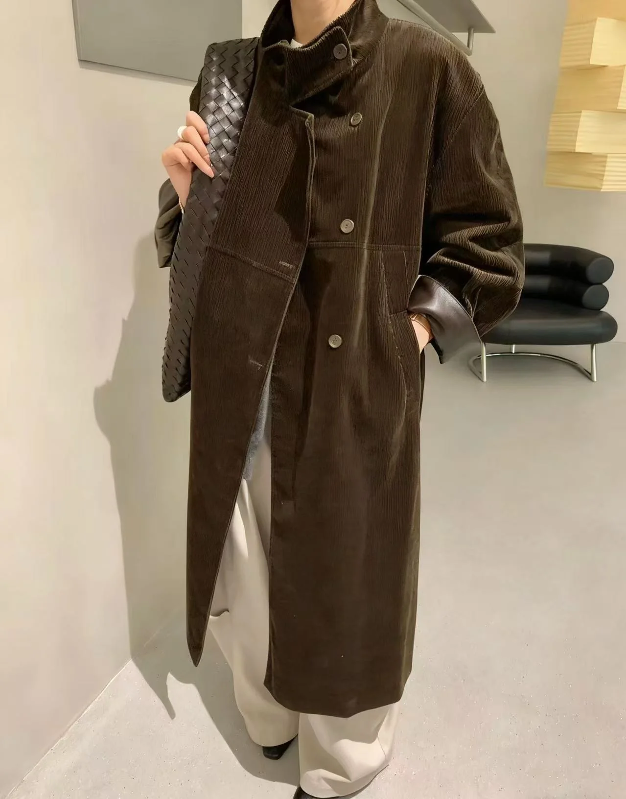 Women Stand Collar Corduroy Duck Down Long Coat Faux Leather Trim Belted Oversized Winter Puffer Trench Coat
