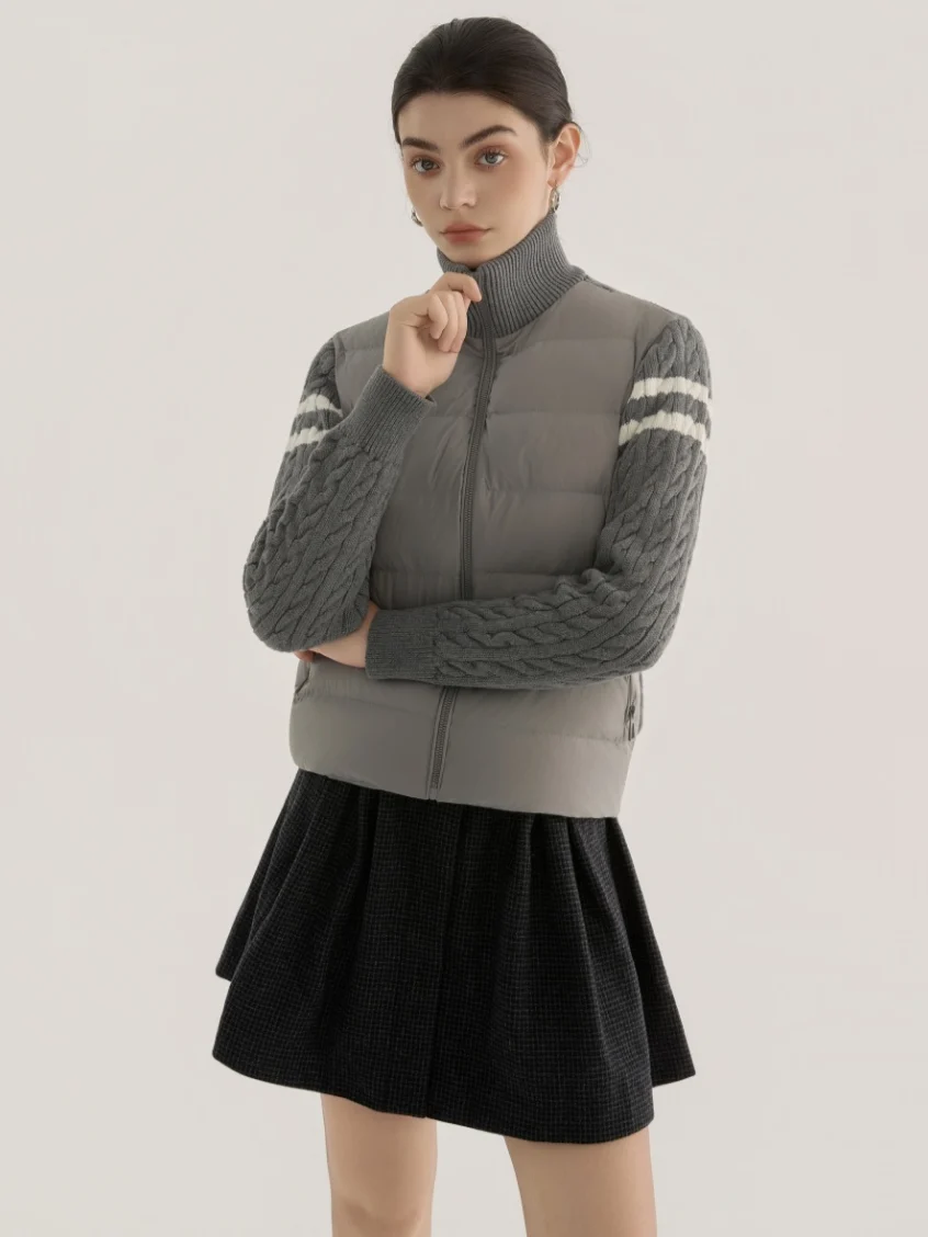 Women Grey Knit‑Sleeve Mixed Stand‑Collar Cropped Down Jacket Zip‑Up Preppy Style Winter Coat
