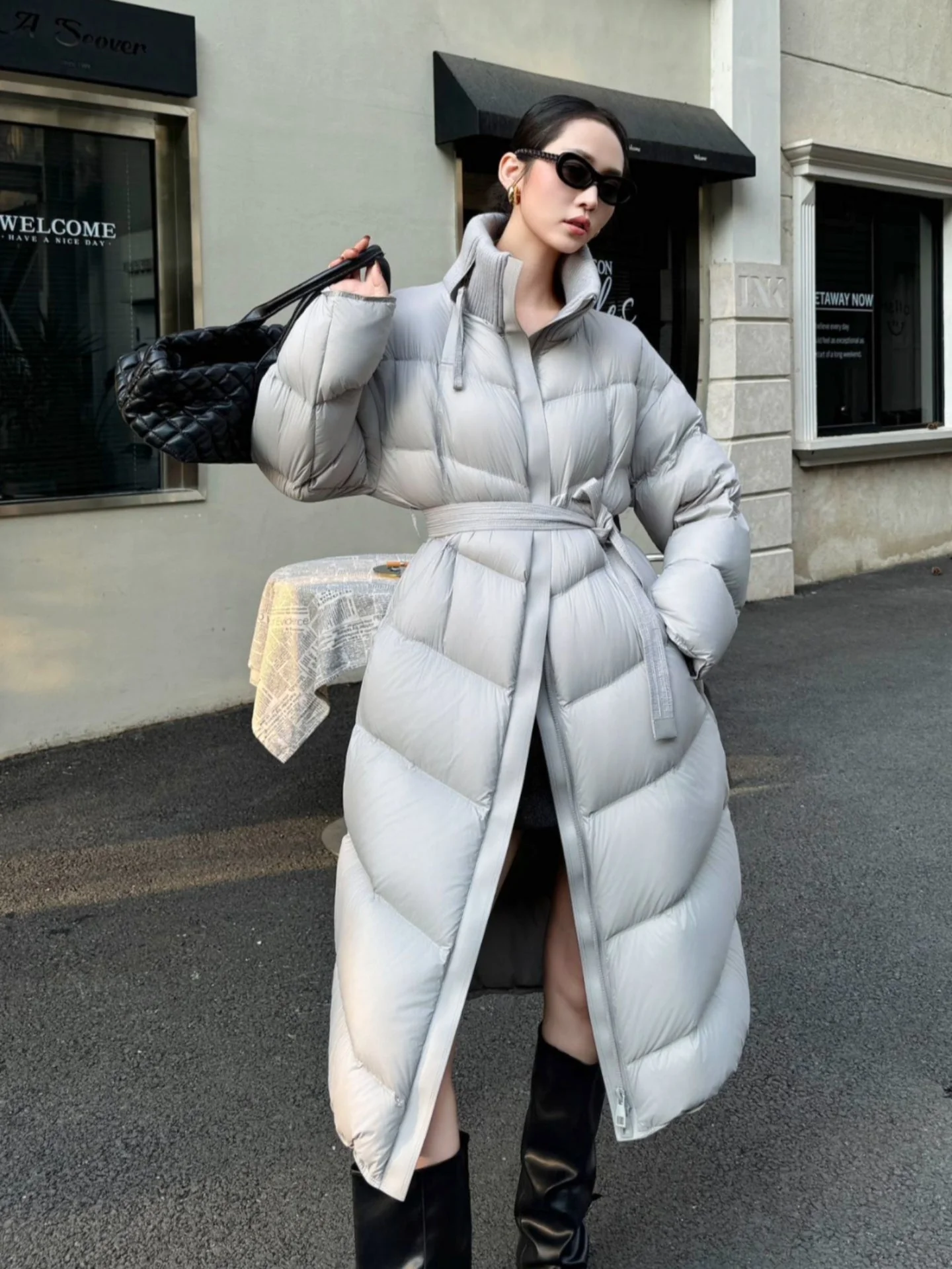 Women Long Belted Puffer Coat, Rib Stand Collar Oversized Maxi Length Quilted Winter Jacket