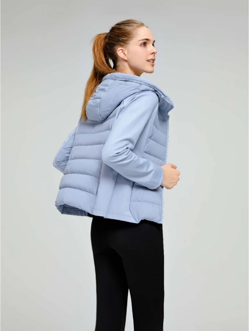 Women Slim Fit Hybrid 95% Goose Down Jacket, Stretch Spliced Hooded Lightweight Down Puffer Coat