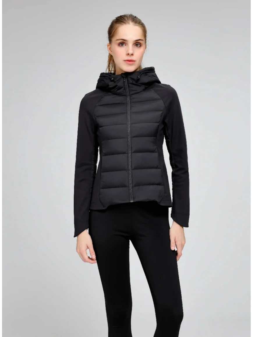 Women Slim Fit Hybrid 95% Goose Down Jacket, Stretch Spliced Hooded Lightweight Down Puffer Coat