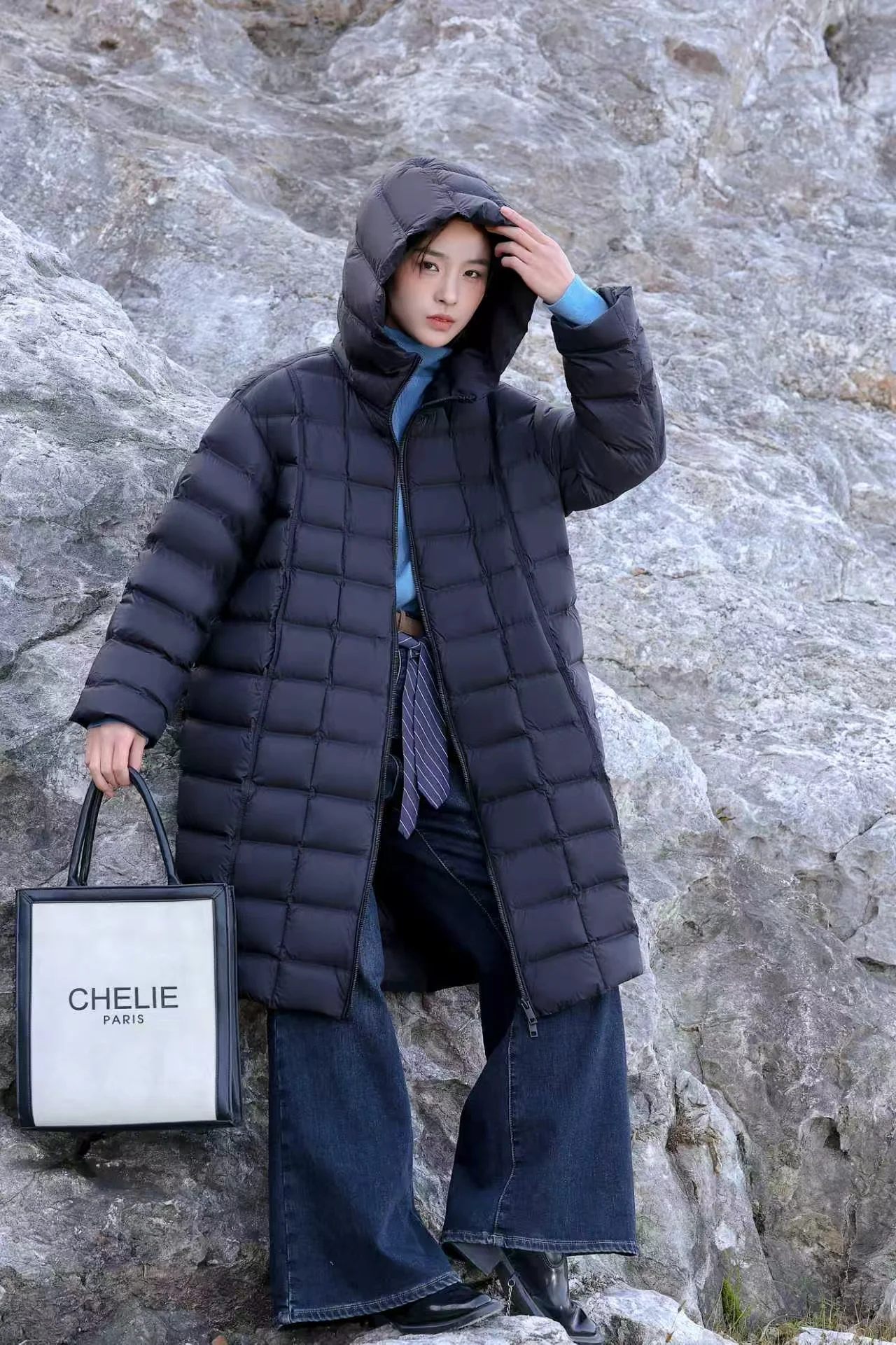 Women Lightweight Hooded Long Down Coat Korean Square Grid Quilted Mid Length Puffer Jacket Loose Winter Outerwear