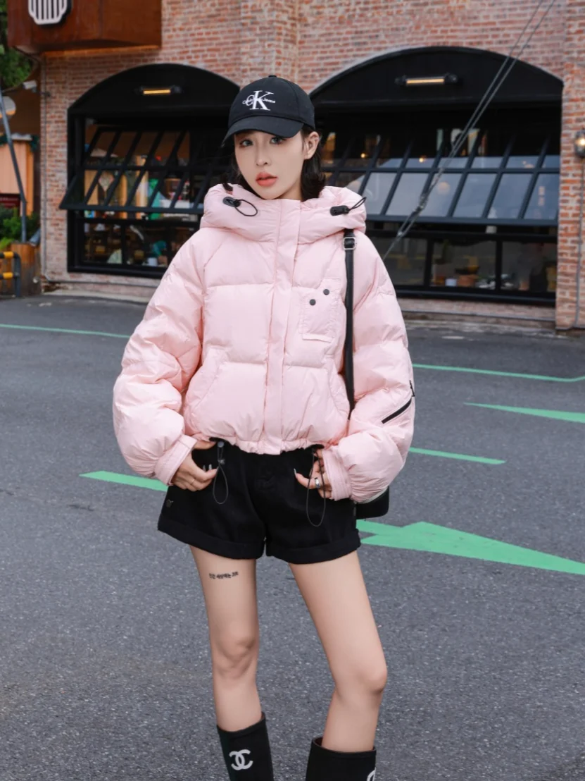 Ladies Boxy Cropped Hooded Puffer Jacket Drawstring Hem Loose Fit Casual Winter Outerwear