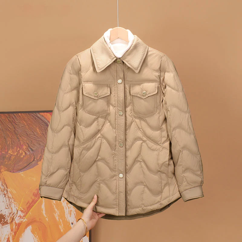 Women Lightweight Quilted Shirt‑Style Down Jacket Lapel Collar Button‑Up Winter Coat Khaki