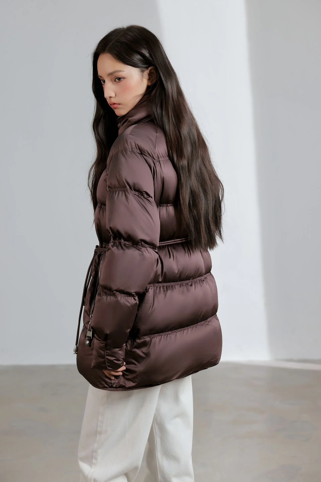 Women Stand Collar Waist‑Tie Duck Down Coat Belted Cinched Waist Puffer Jacket Mid Length Winter Outerwear