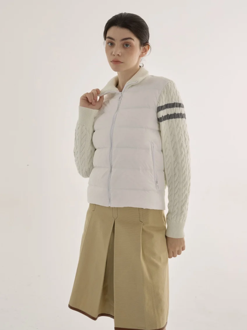 Women Grey Knit‑Sleeve Mixed Stand‑Collar Cropped Down Jacket Zip‑Up Preppy Style Winter Coat