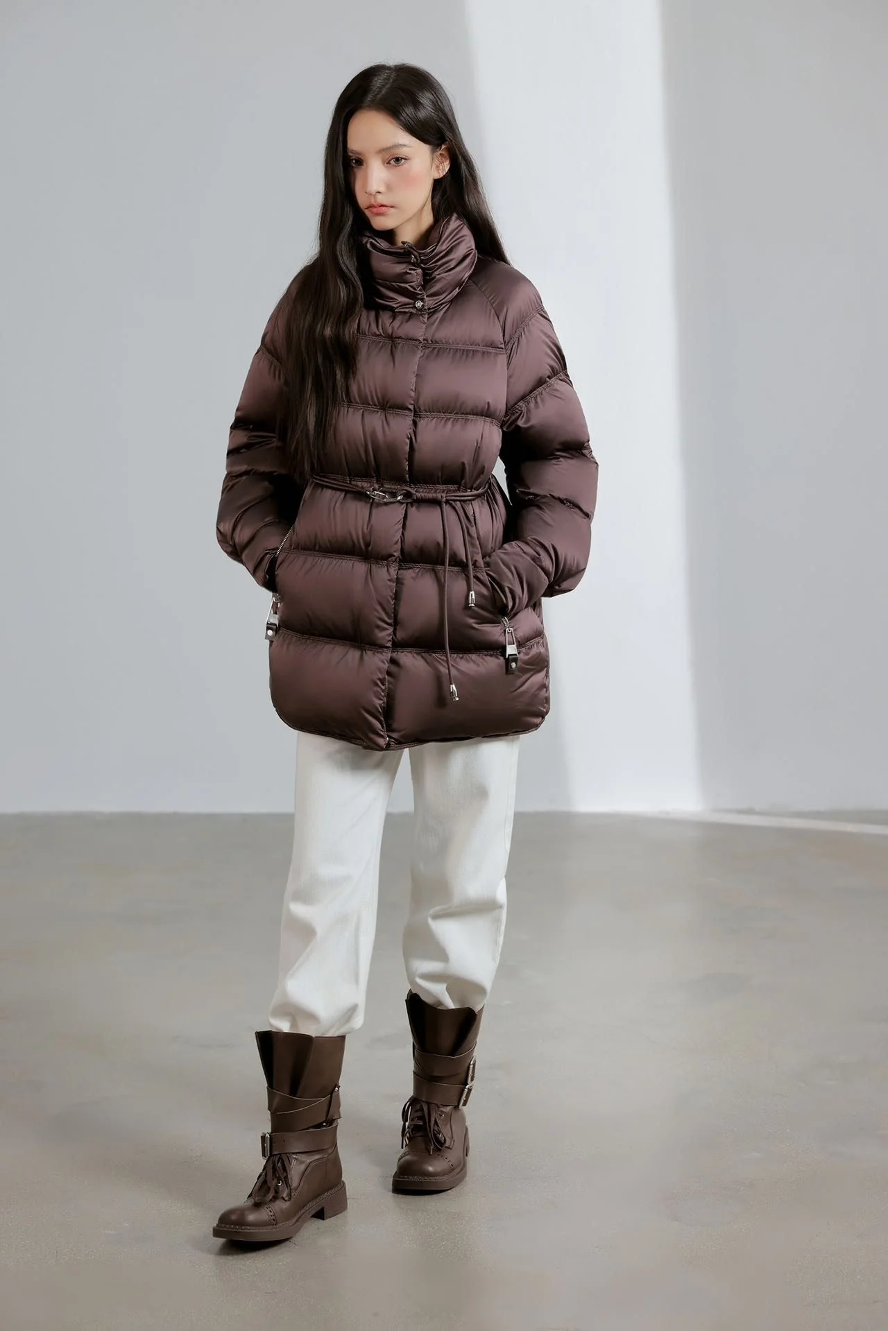 Women Stand Collar Waist‑Tie Duck Down Coat Belted Cinched Waist Puffer Jacket Mid Length Winter Outerwear
