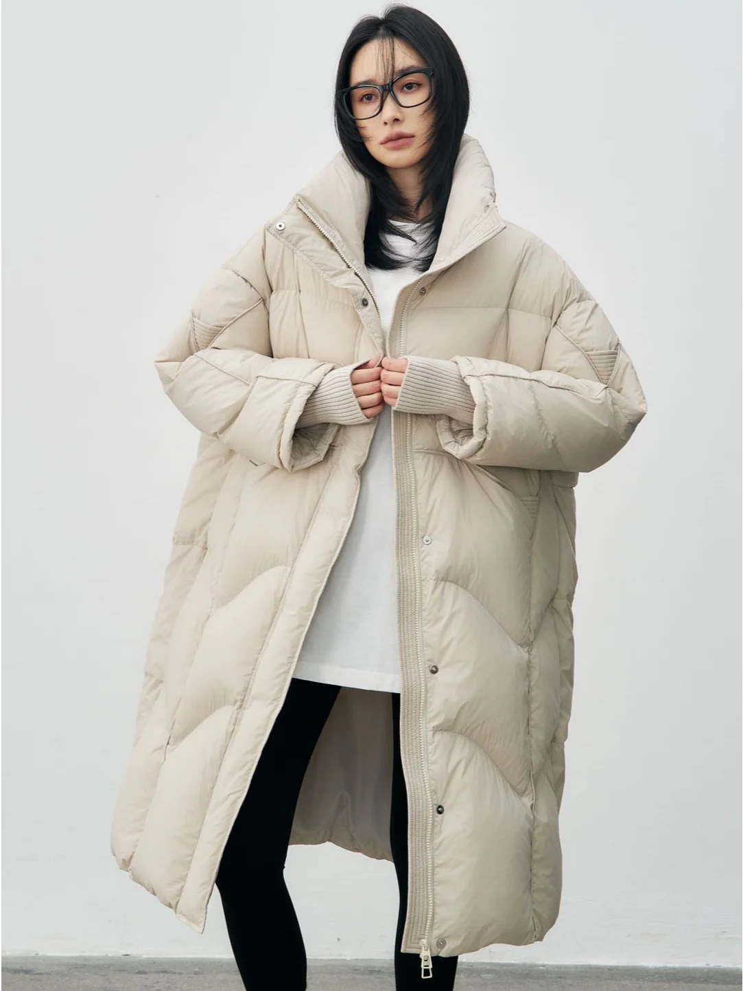 Women Oversized High Collar Long Duck Down Coat Ribbed Cuff Loose Quilted Puffer Winter Jacket