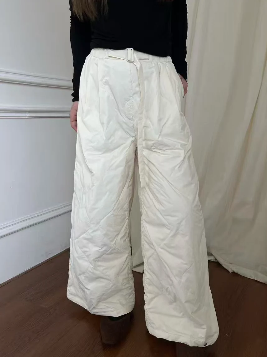 Quilted Duck Down Wide Leg Pants, Unisex Casual Loose Winter Thermal Insulated Trousers with Adjustable Waist