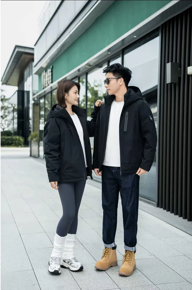 Men Women Matching Hooded Puffer Shell Jacket Zip‑Pocket Windproof Couple Outerwear